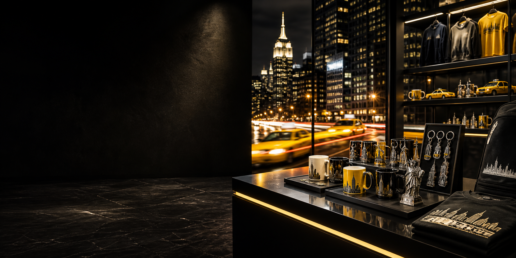Premium NYC souvenir storefront with city lights